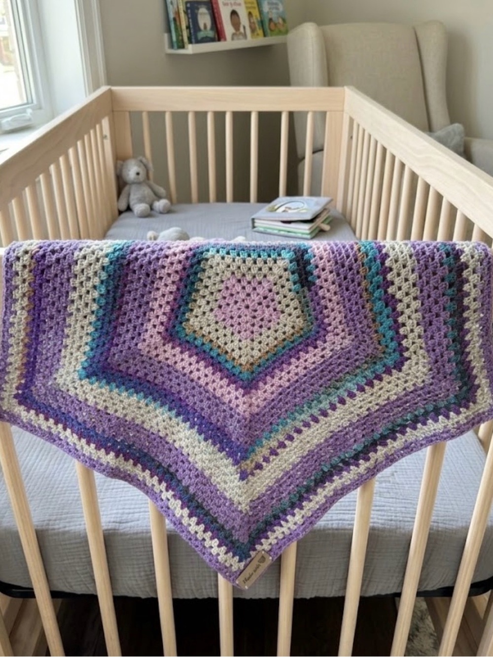 Handmade Crochet Granny Square Baby Blanket 5 Sided Pentagon Purple